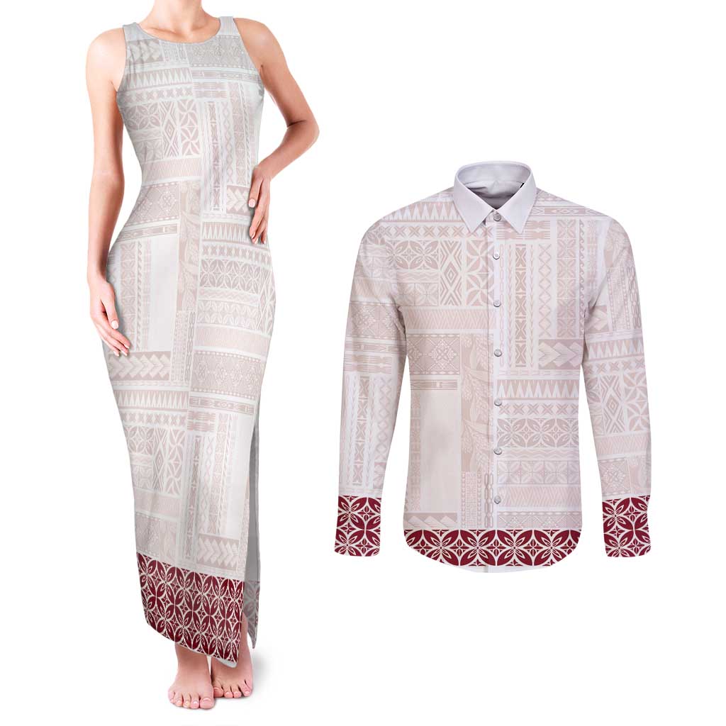 Samoa Siapo Red Trimmed Couples Matching Tank Maxi Dress and Long Sleeve Button Shirt Samoa White Sunday - Polynesian Pride