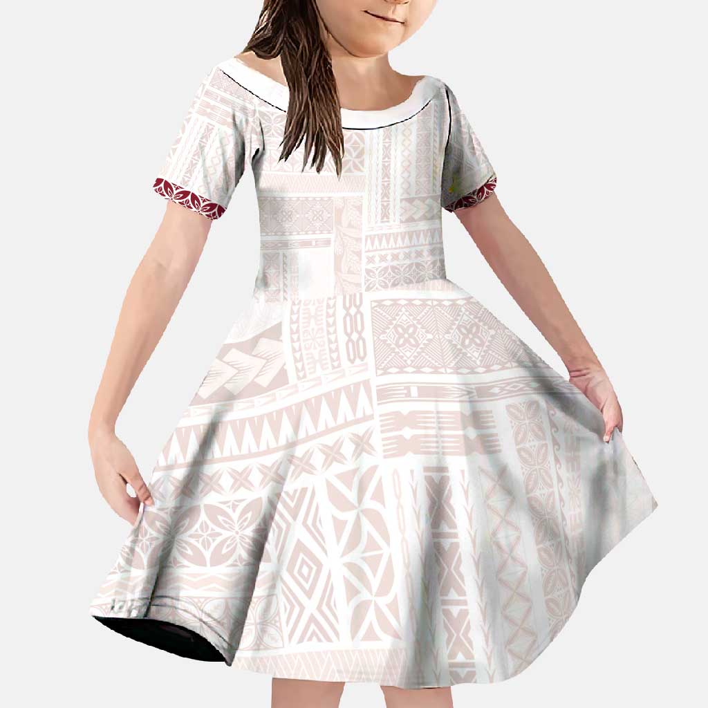 Samoa Siapo Red Trimmed Family Matching Long Sleeve Bodycon Dress and Hawaiian Shirt Samoa White Sunday - Polynesian Pride