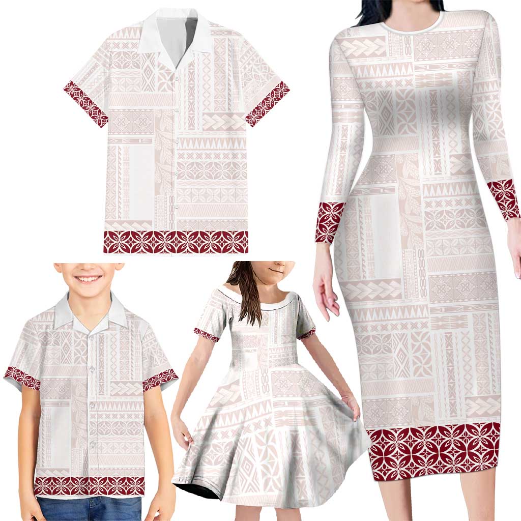 Samoa Siapo Red Trimmed Family Matching Long Sleeve Bodycon Dress and Hawaiian Shirt Samoa White Sunday - Polynesian Pride