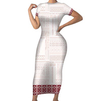 Samoa Siapo Red Trimmed Family Matching Short Sleeve Bodycon Dress and Hawaiian Shirt Samoa White Sunday - Polynesian Pride