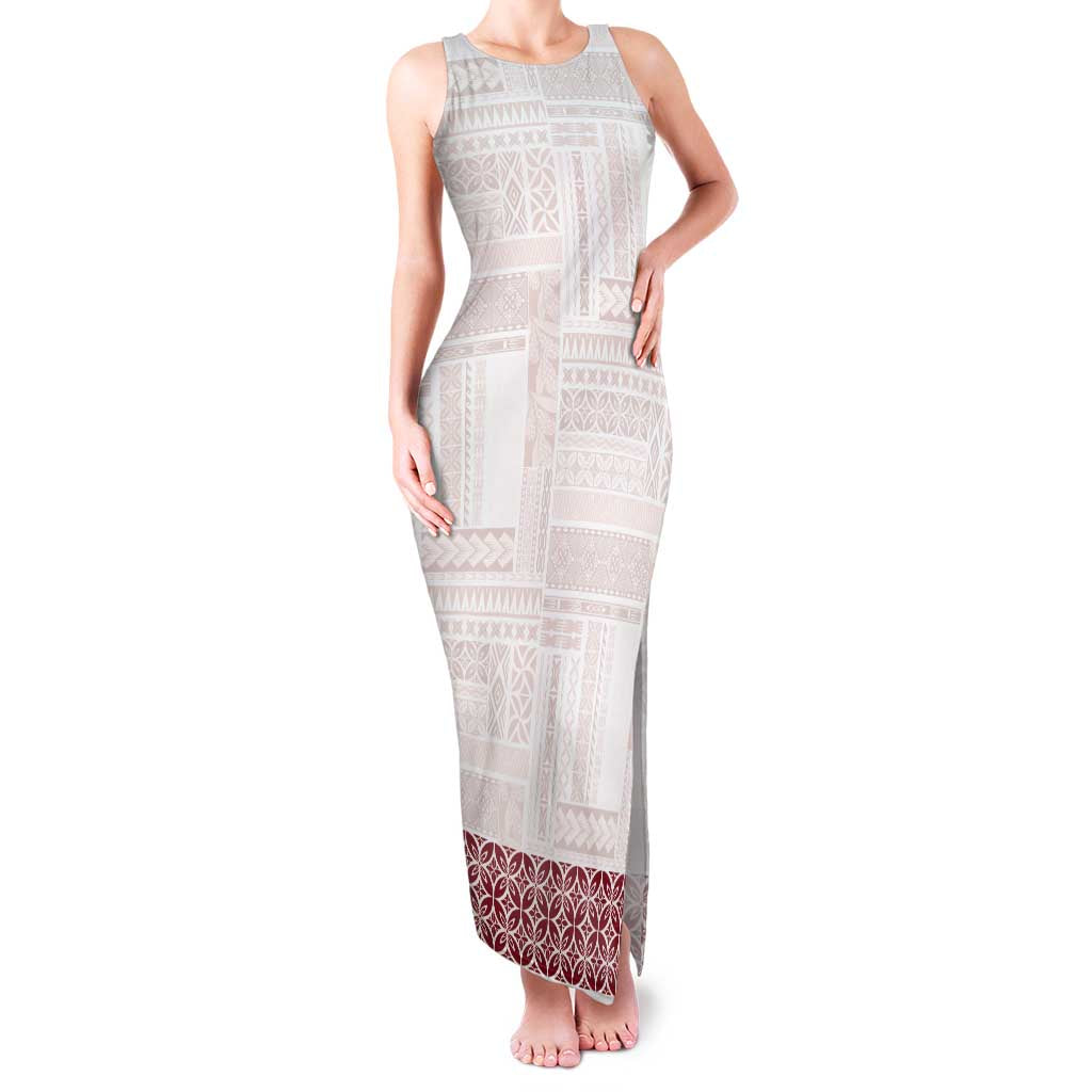 Samoa Siapo Red Trimmed Family Matching Tank Maxi Dress and Hawaiian Shirt Samoa White Sunday - Polynesian Pride