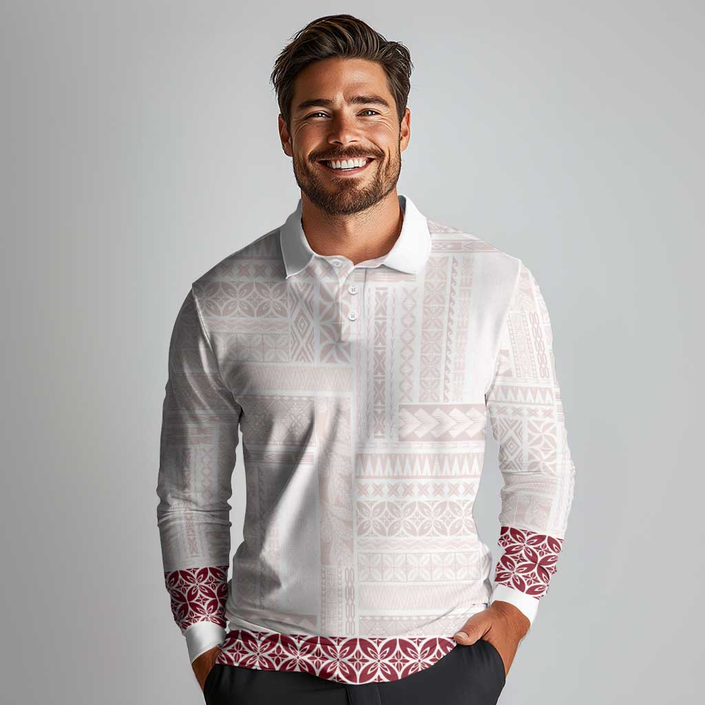 Samoa Siapo Red Trimmed Long Sleeve Polo Shirt Samoa White Sunday - Polynesian Pride