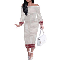 Samoa Siapo Red Trimmed Off The Shoulder Long Sleeve Dress Samoa White Sunday - Polynesian Pride
