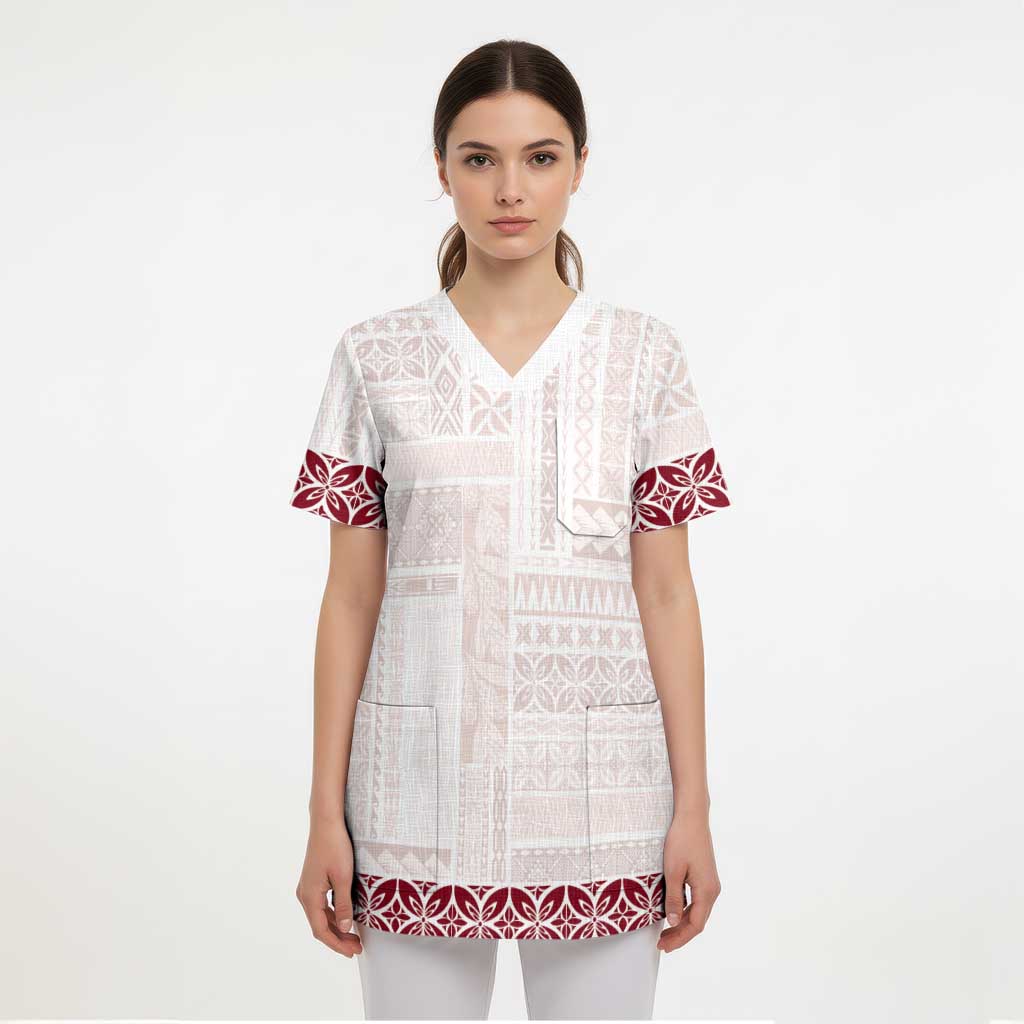 Samoa Siapo Red Trimmed Scrub Top Samoa White Sunday - Polynesian Pride