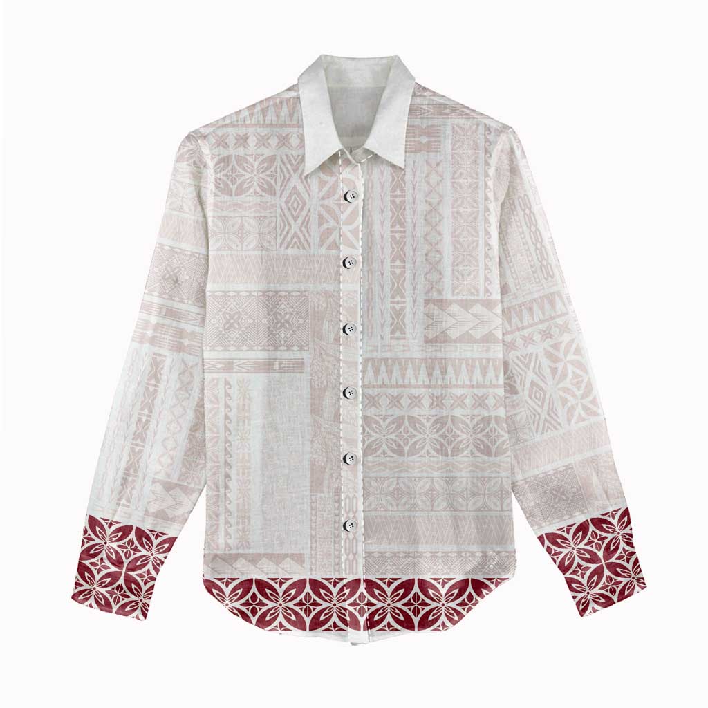 Samoa Siapo Red Trimmed Women Casual Shirt Samoa White Sunday - Polynesian Pride