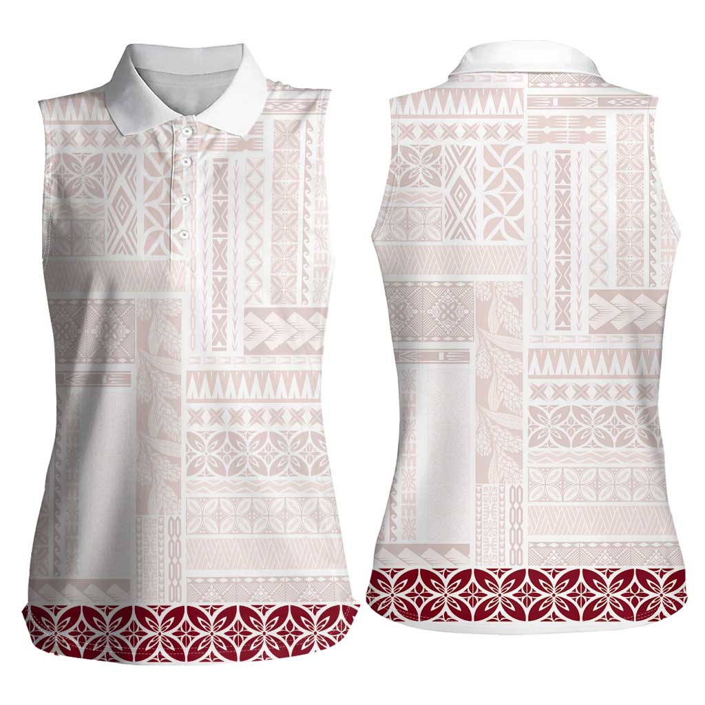 Samoa Siapo Red Trimmed Women Sleeveless Polo Shirt Samoa White Sunday - Polynesian Pride