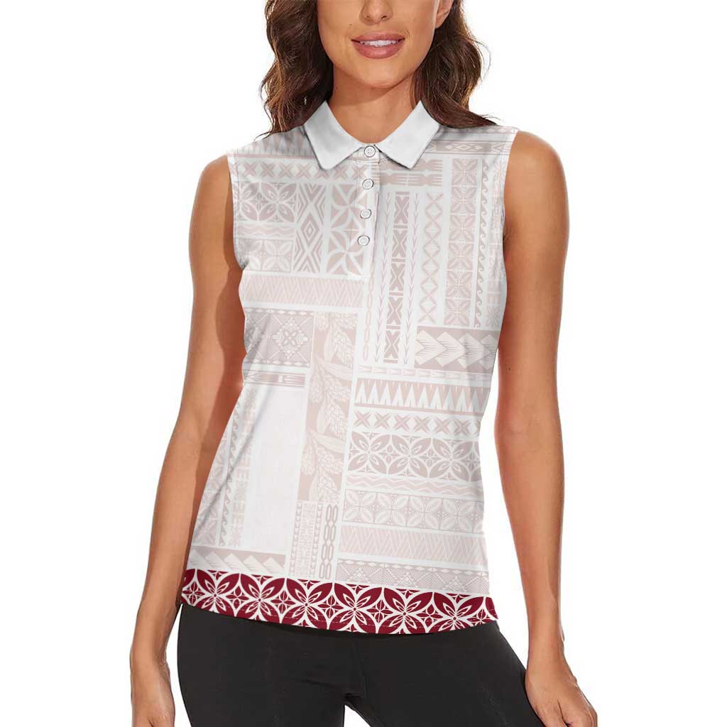 Samoa Siapo Red Trimmed Women Sleeveless Polo Shirt Samoa White Sunday - Polynesian Pride