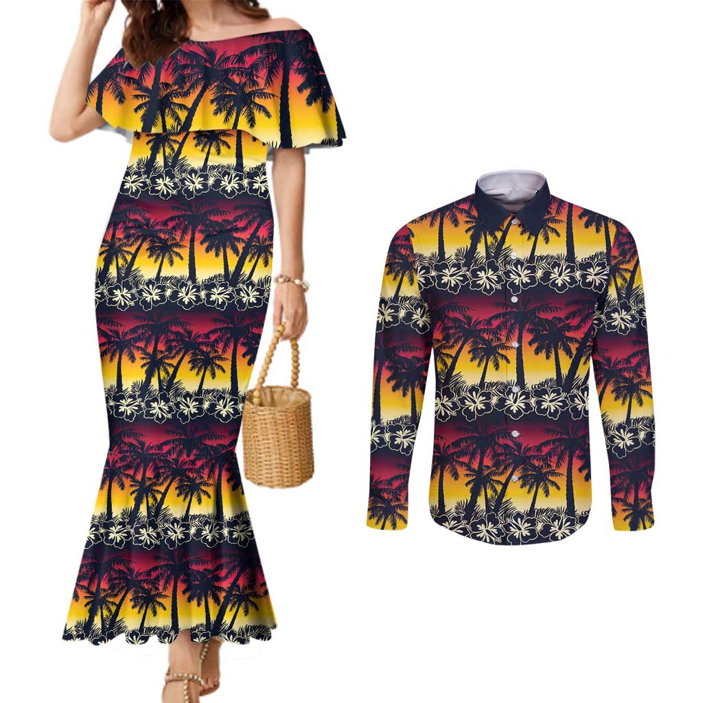 Hawaii Hibiscus Palm Tree Sunset Couples Matching Mermaid Dress and Long Sleeve Button Shirt Tropical Style - Polynesian Pride