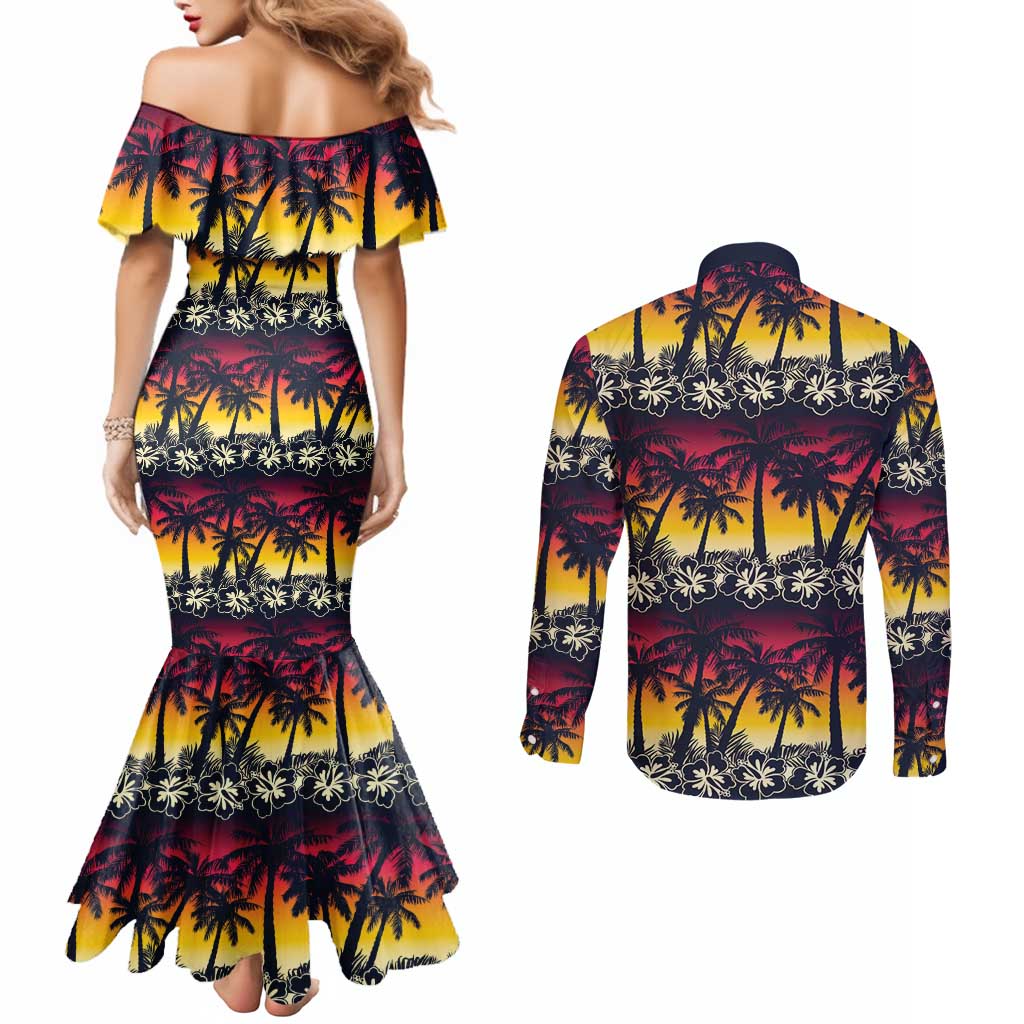 Hawaii Hibiscus Palm Tree Sunset Couples Matching Mermaid Dress and Long Sleeve Button Shirt Tropical Style - Polynesian Pride