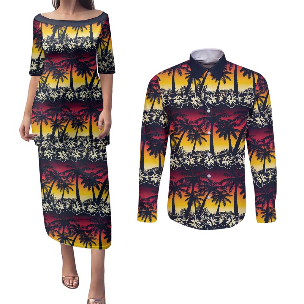 Hawaii Hibiscus Palm Tree Sunset Couples Matching Puletasi and Long Sleeve Button Shirt Tropical Style - Polynesian Pride