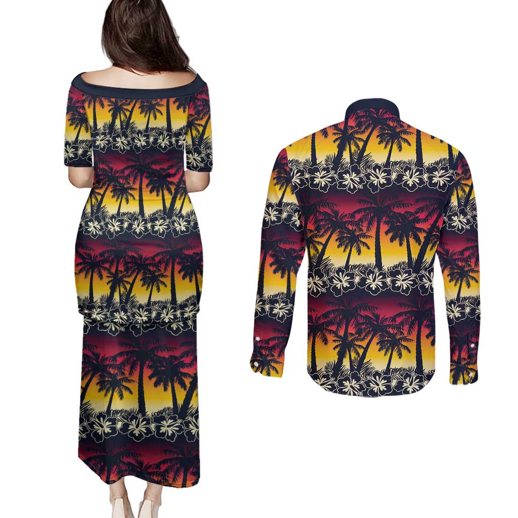 Hawaii Hibiscus Palm Tree Sunset Couples Matching Puletasi and Long Sleeve Button Shirt Tropical Style - Polynesian Pride