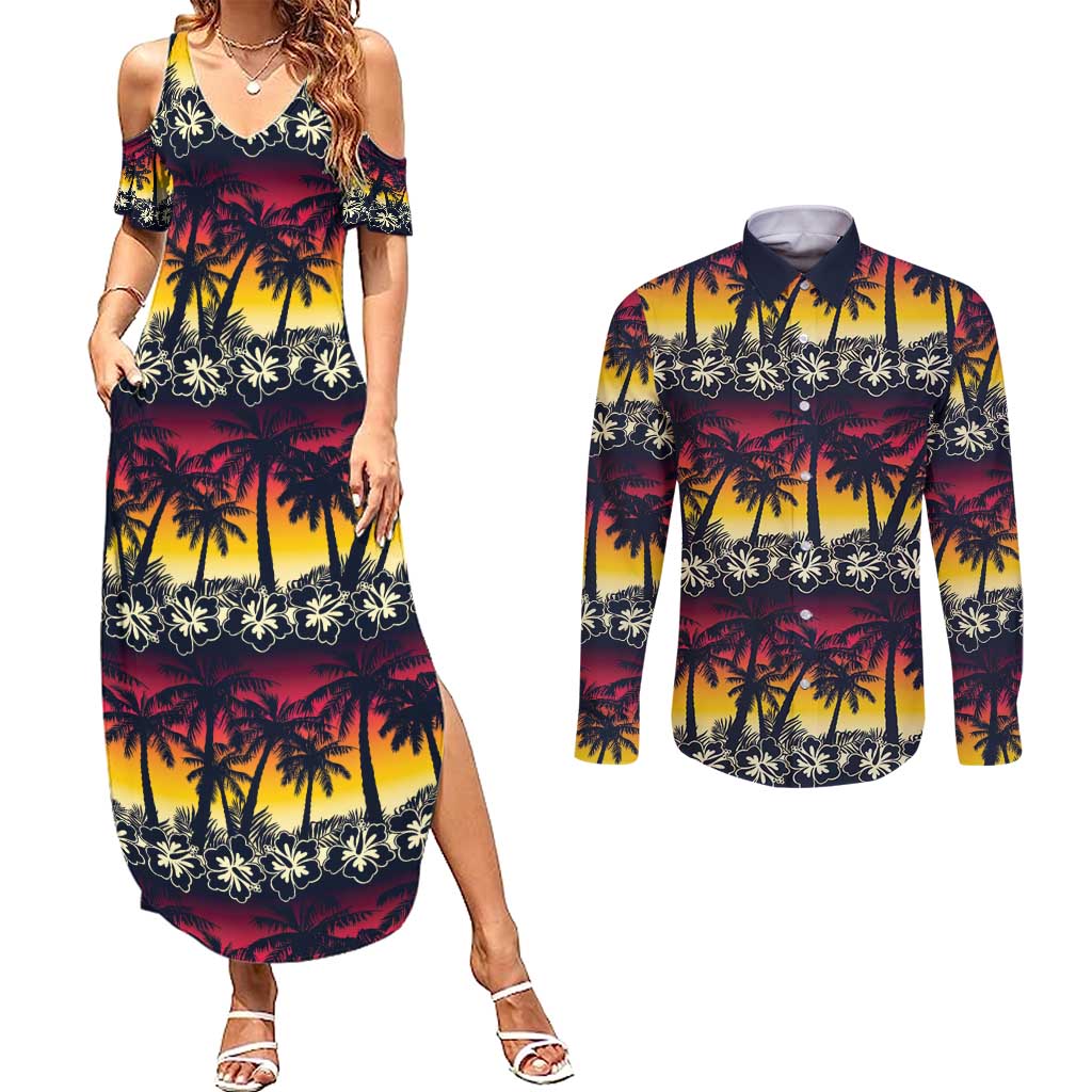 Hawaii Hibiscus Palm Tree Sunset Couples Matching Summer Maxi Dress and Long Sleeve Button Shirt Tropical Style LT01 Multicolor - Polynesian Pride