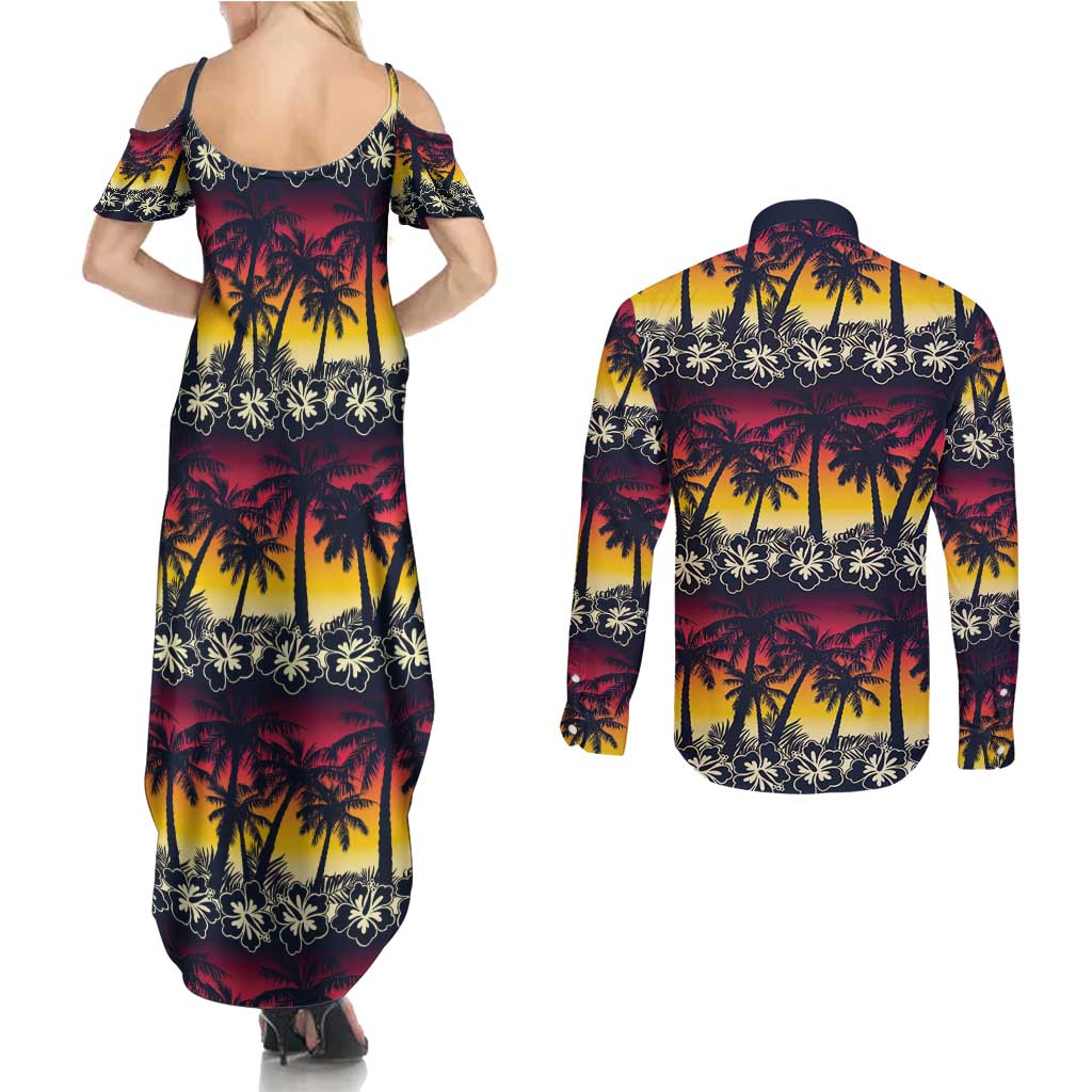 Hawaii Hibiscus Palm Tree Sunset Couples Matching Summer Maxi Dress and Long Sleeve Button Shirt Tropical Style LT01 - Polynesian Pride