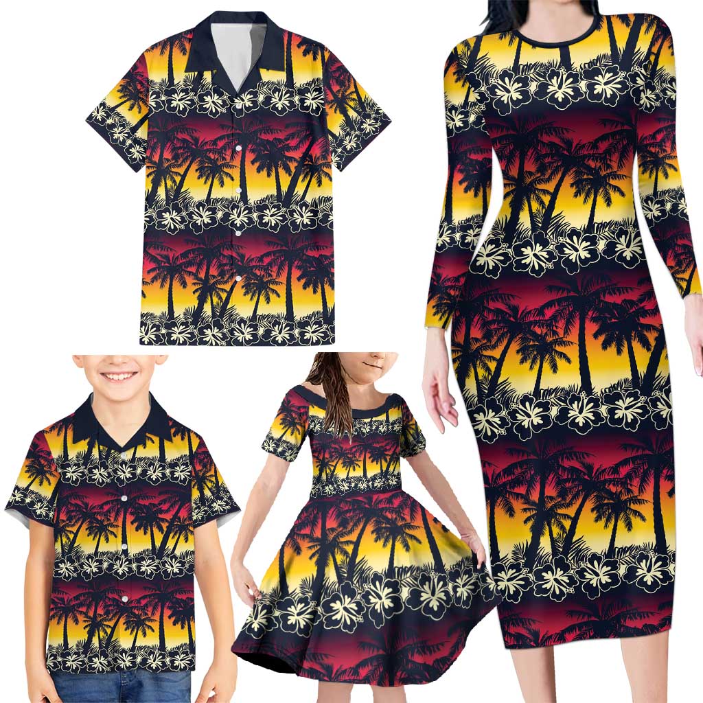 Hawaii Hibiscus Palm Tree Sunset Family Matching Long Sleeve Bodycon Dress and Hawaiian Shirt Tropical Style LT01 - Polynesian Pride