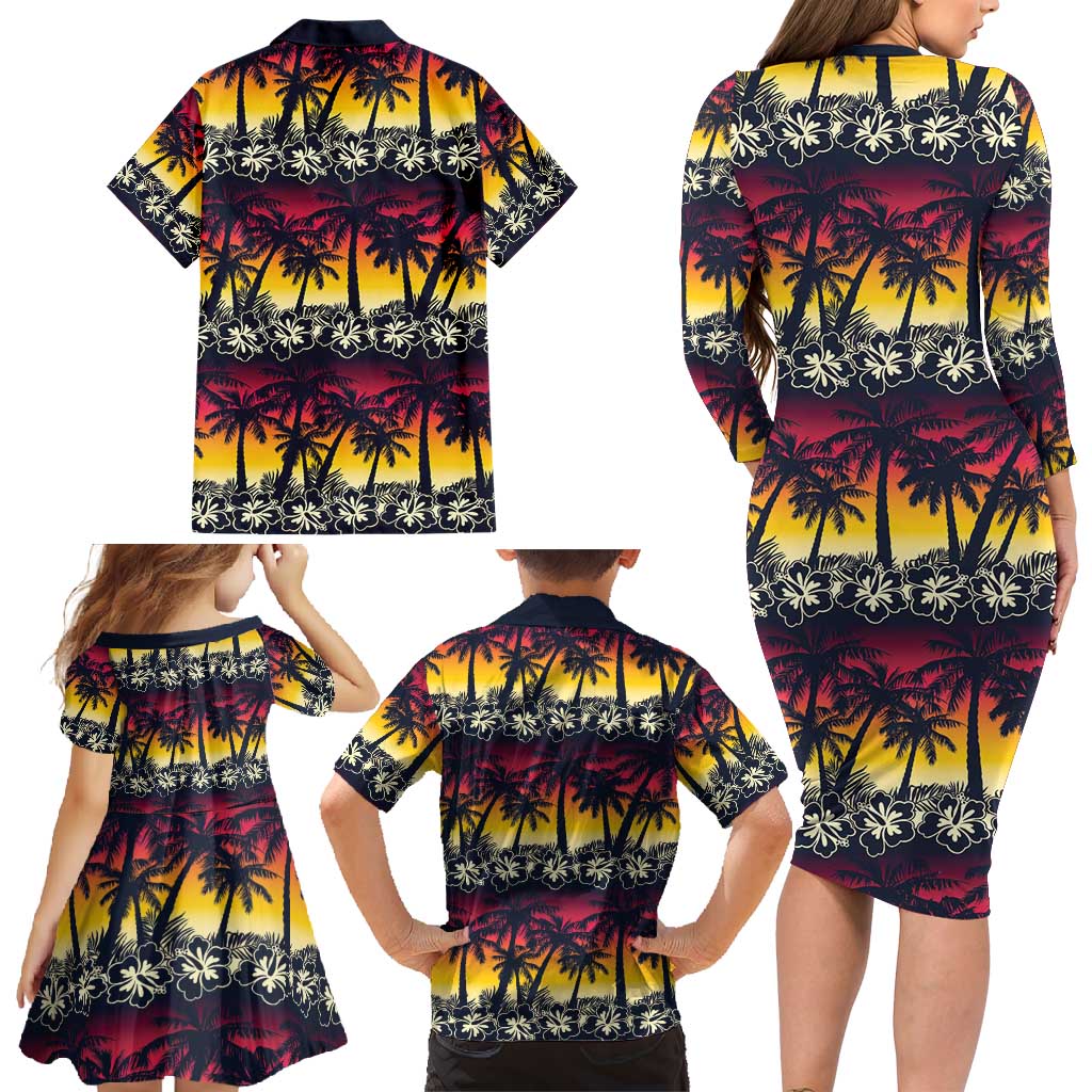 Hawaii Hibiscus Palm Tree Sunset Family Matching Long Sleeve Bodycon Dress and Hawaiian Shirt Tropical Style LT01 - Polynesian Pride