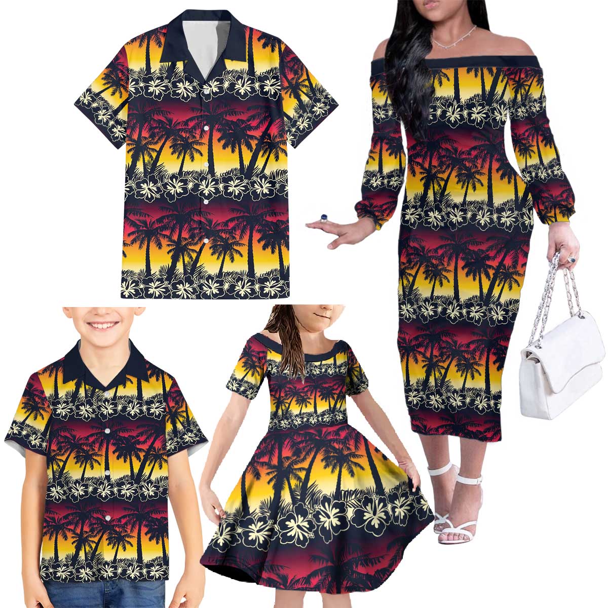 Hawaii Hibiscus Palm Tree Sunset Family Matching Off The Shoulder Long Sleeve Dress and Hawaiian Shirt Tropical Style LT01 - Polynesian Pride