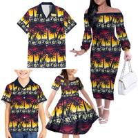 Hawaii Hibiscus Palm Tree Sunset Family Matching Off The Shoulder Long Sleeve Dress and Hawaiian Shirt Tropical Style LT01 - Polynesian Pride