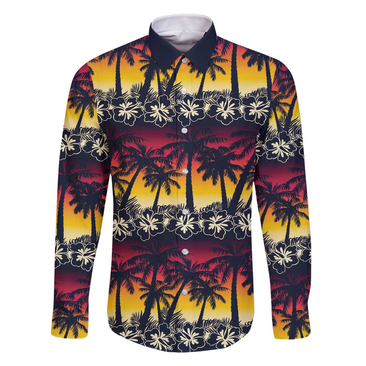 Hawaii Hibiscus Palm Tree Sunset Family Matching Off The Shoulder Long Sleeve Dress and Hawaiian Shirt Tropical Style LT01 Dad's Shirt - Long Sleeve Multicolor - Polynesian Pride