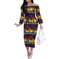 Hawaii Hibiscus Palm Tree Sunset Family Matching Off The Shoulder Long Sleeve Dress and Hawaiian Shirt Tropical Style LT01 Mom's Dress Multicolor - Polynesian Pride