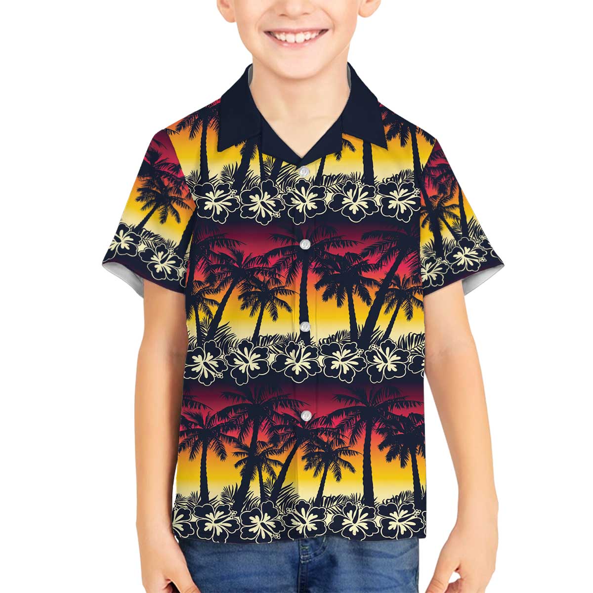 Hawaii Hibiscus Palm Tree Sunset Family Matching Off The Shoulder Long Sleeve Dress and Hawaiian Shirt Tropical Style LT01 Son's Shirt Multicolor - Polynesian Pride