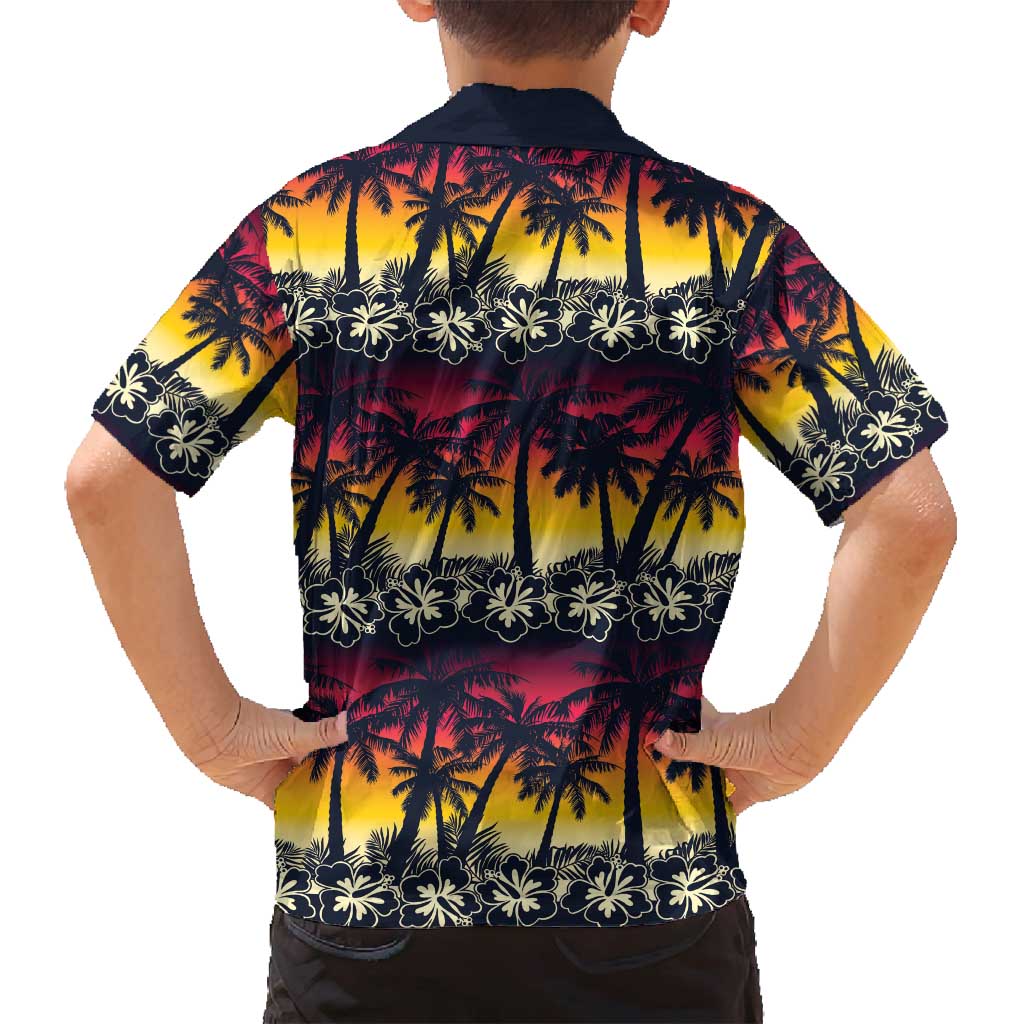 Hawaii Hibiscus Palm Tree Sunset Family Matching Off Shoulder Short Dress and Hawaiian Shirt Tropical Style - Polynesian Pride