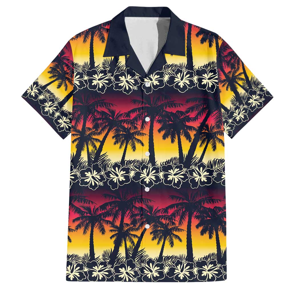 Hawaii Hibiscus Palm Tree Sunset Family Matching Off Shoulder Short Dress and Hawaiian Shirt Tropical Style - Polynesian Pride