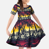 Hawaii Hibiscus Palm Tree Sunset Family Matching Short Sleeve Bodycon Dress and Hawaiian Shirt Tropical Style LT01 Daughter's Dress Multicolor - Polynesian Pride