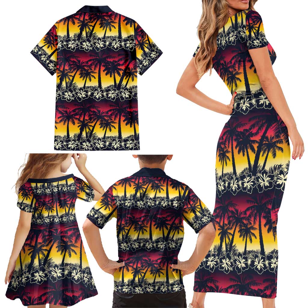 Hawaii Hibiscus Palm Tree Sunset Family Matching Short Sleeve Bodycon Dress and Hawaiian Shirt Tropical Style LT01 - Polynesian Pride