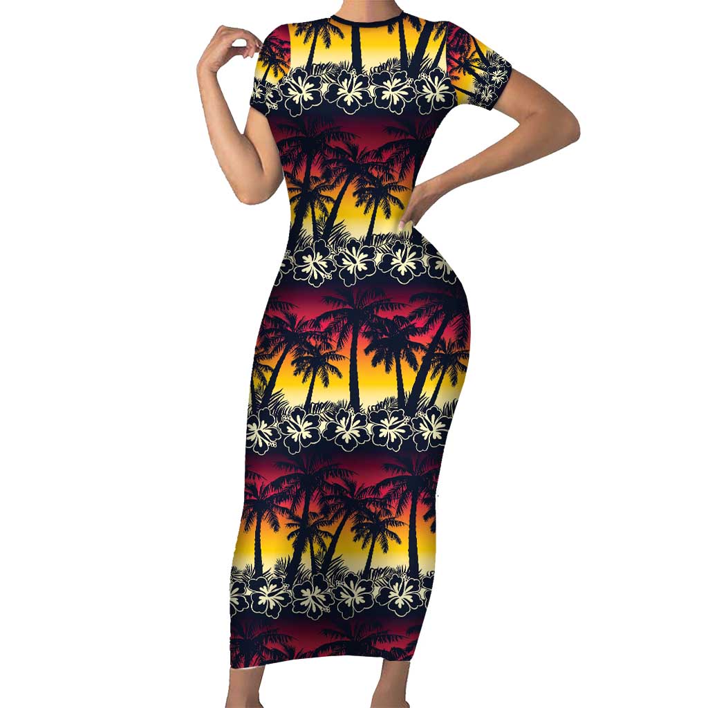 Hawaii Hibiscus Palm Tree Sunset Family Matching Short Sleeve Bodycon Dress and Hawaiian Shirt Tropical Style LT01 Mom's Dress Multicolor - Polynesian Pride