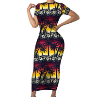 Hawaii Hibiscus Palm Tree Sunset Family Matching Short Sleeve Bodycon Dress and Hawaiian Shirt Tropical Style LT01 Mom's Dress Multicolor - Polynesian Pride