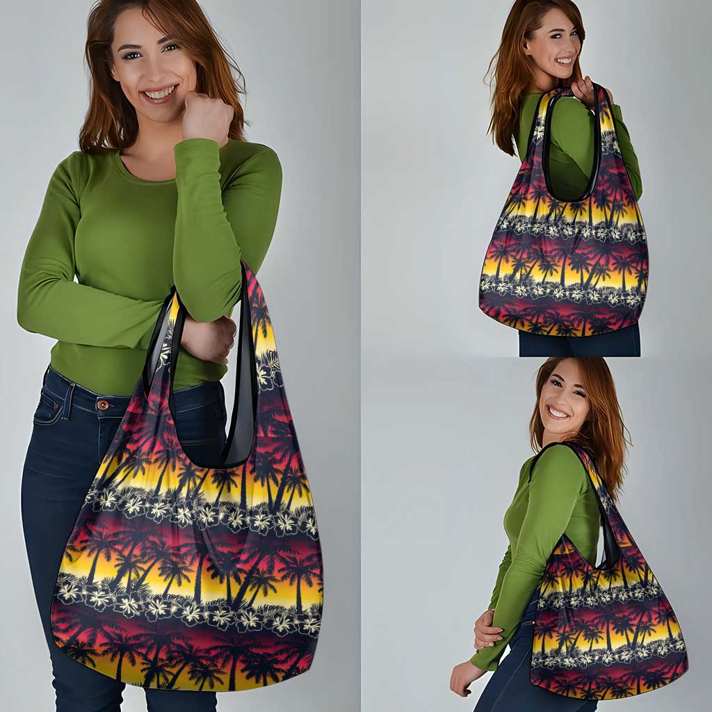 Hawaii Hibiscus Palm Tree Sunset Grocery Bag Tropical Style - Polynesian Pride