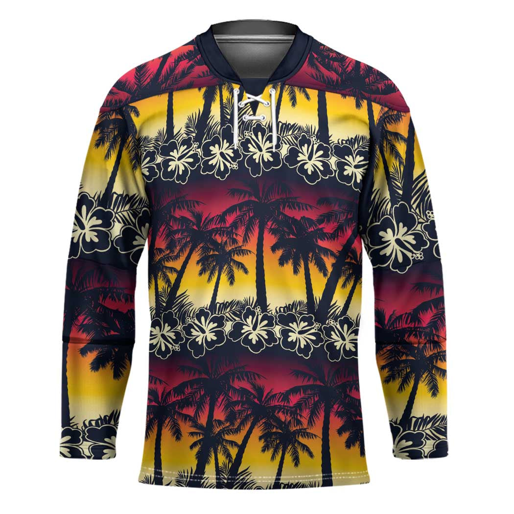 Hawaii Hibiscus Palm Tree Sunset Hockey Jersey Tropical Style - Polynesian Pride