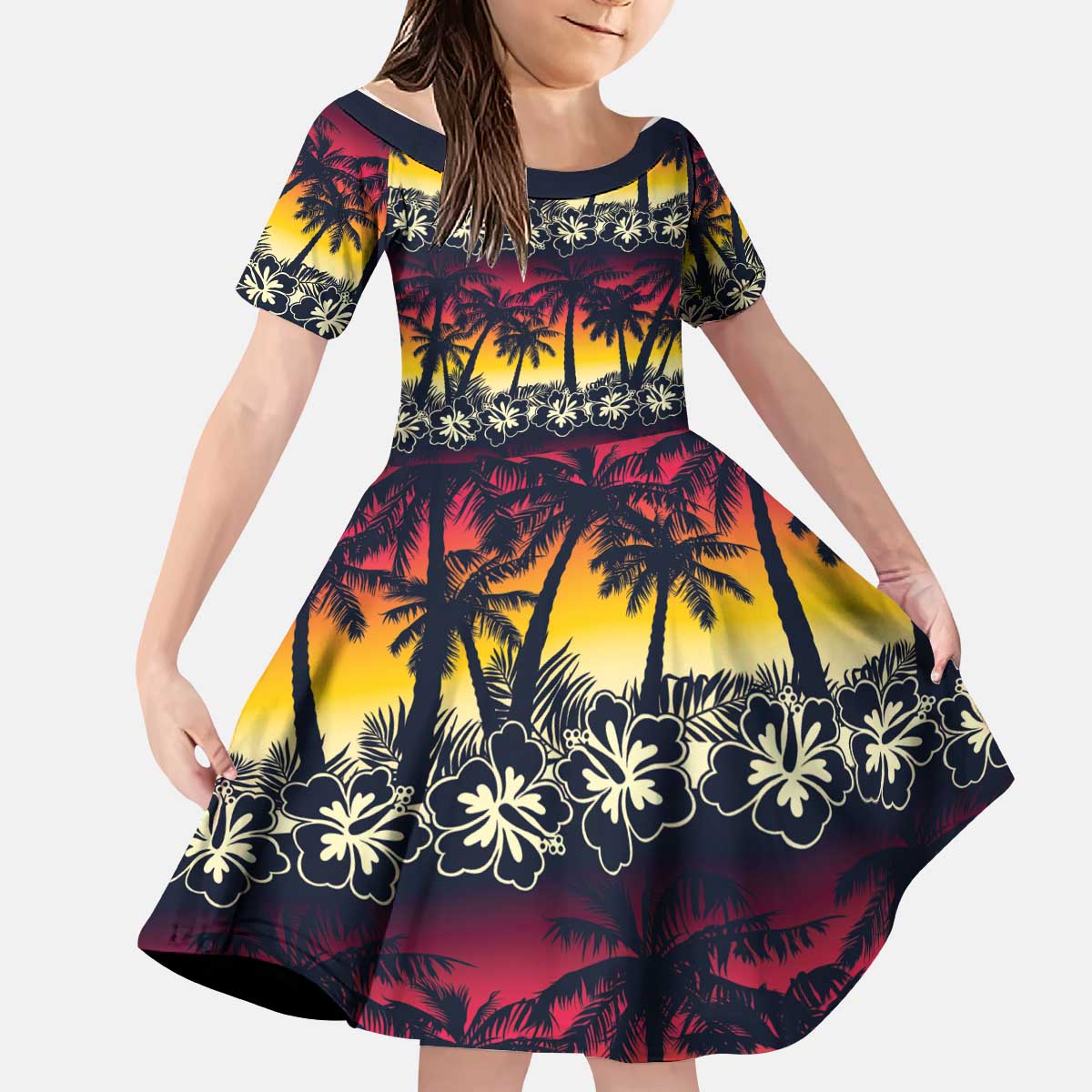 Hawaii Hibiscus Palm Tree Sunset Kid Short Sleeve Dress Tropical Style - Polynesian Pride
