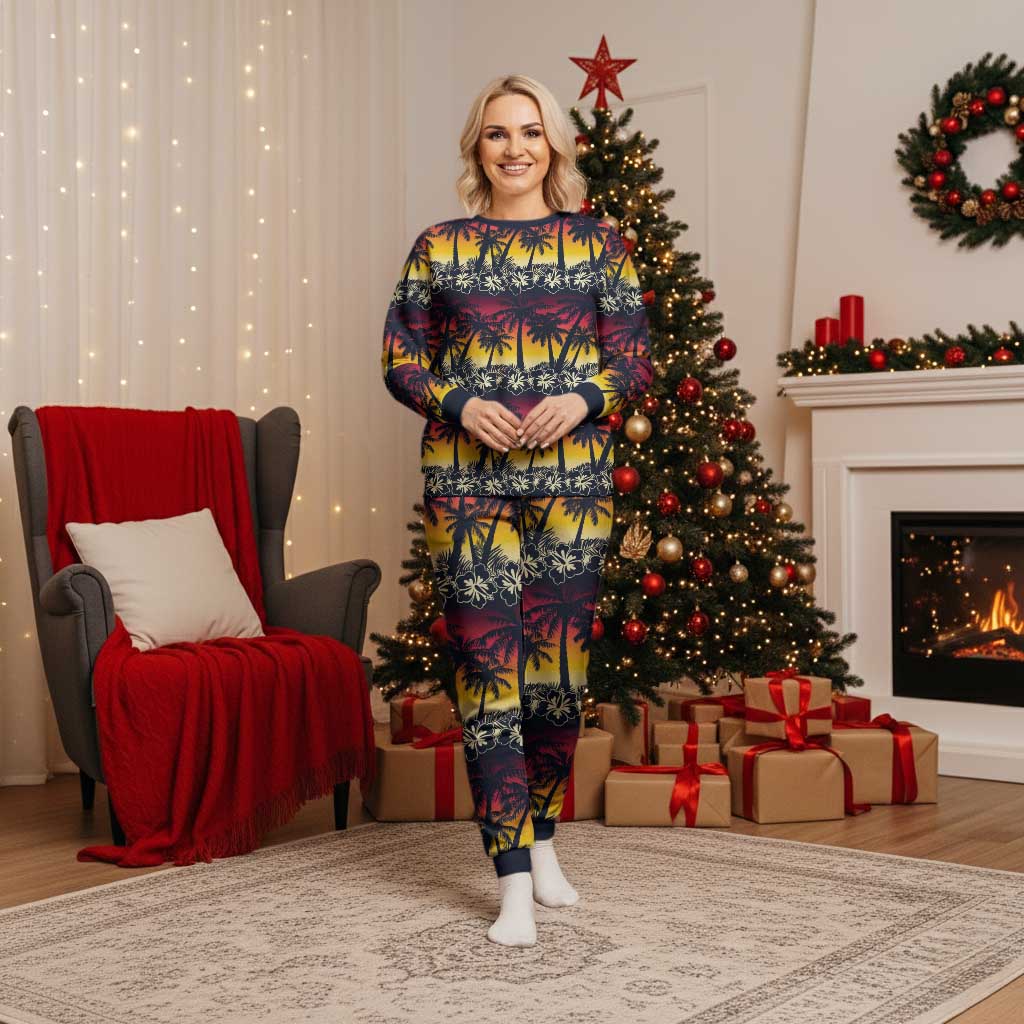 Hawaii Hibiscus Palm Tree Sunset Christmas Pajama Set Tropical Style - Polynesian Pride