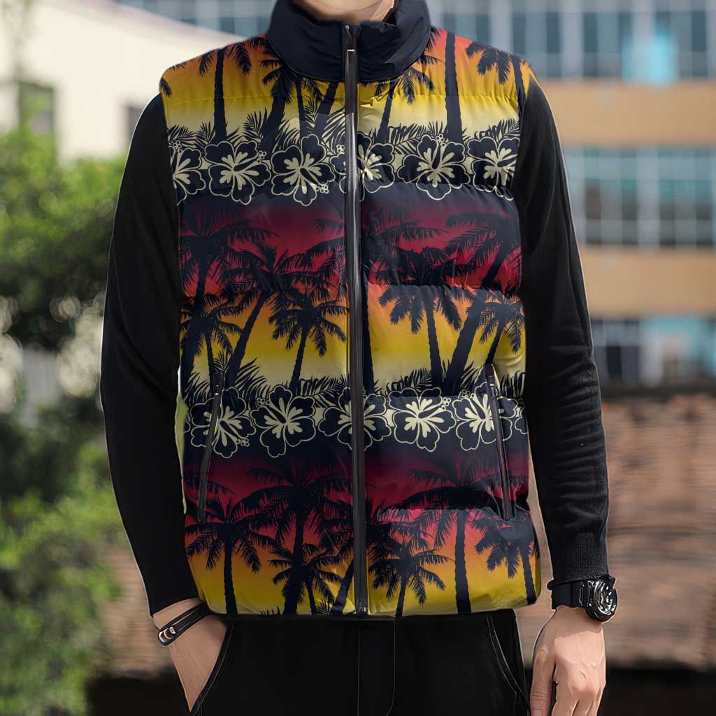 Hawaii Hibiscus Palm Tree Sunset Sleeveless Puffer Jacket Tropical Style - Polynesian Pride