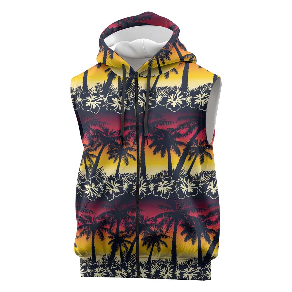 Hawaii Hibiscus Palm Tree Sunset Sleeveless Zip Hoodie Tropical Style - Polynesian Pride