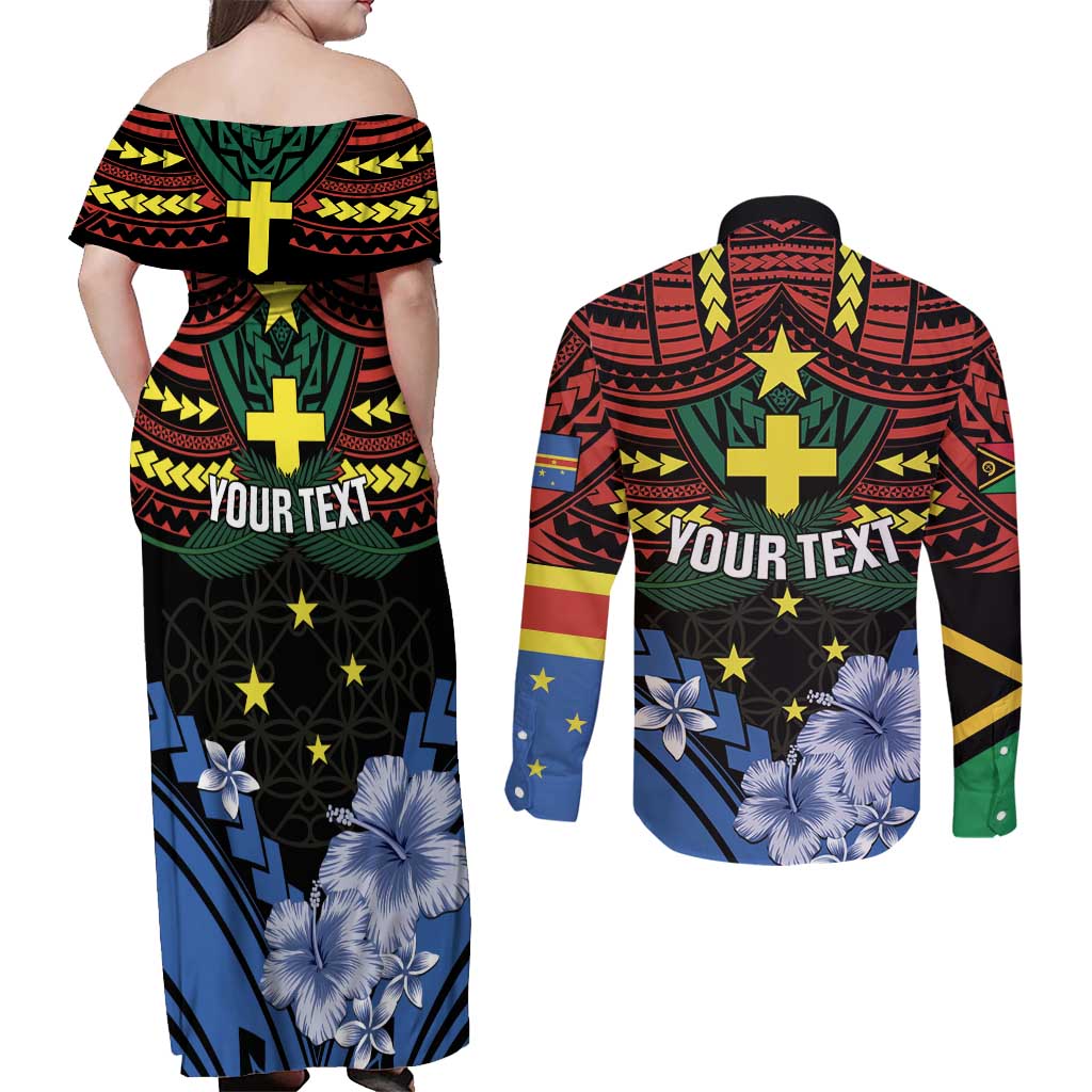 Personalised Vanuatu Tafea Province Couples Matching Off Shoulder Maxi Dress and Long Sleeve Button Shirt Unique Tropical Tribal Pattern