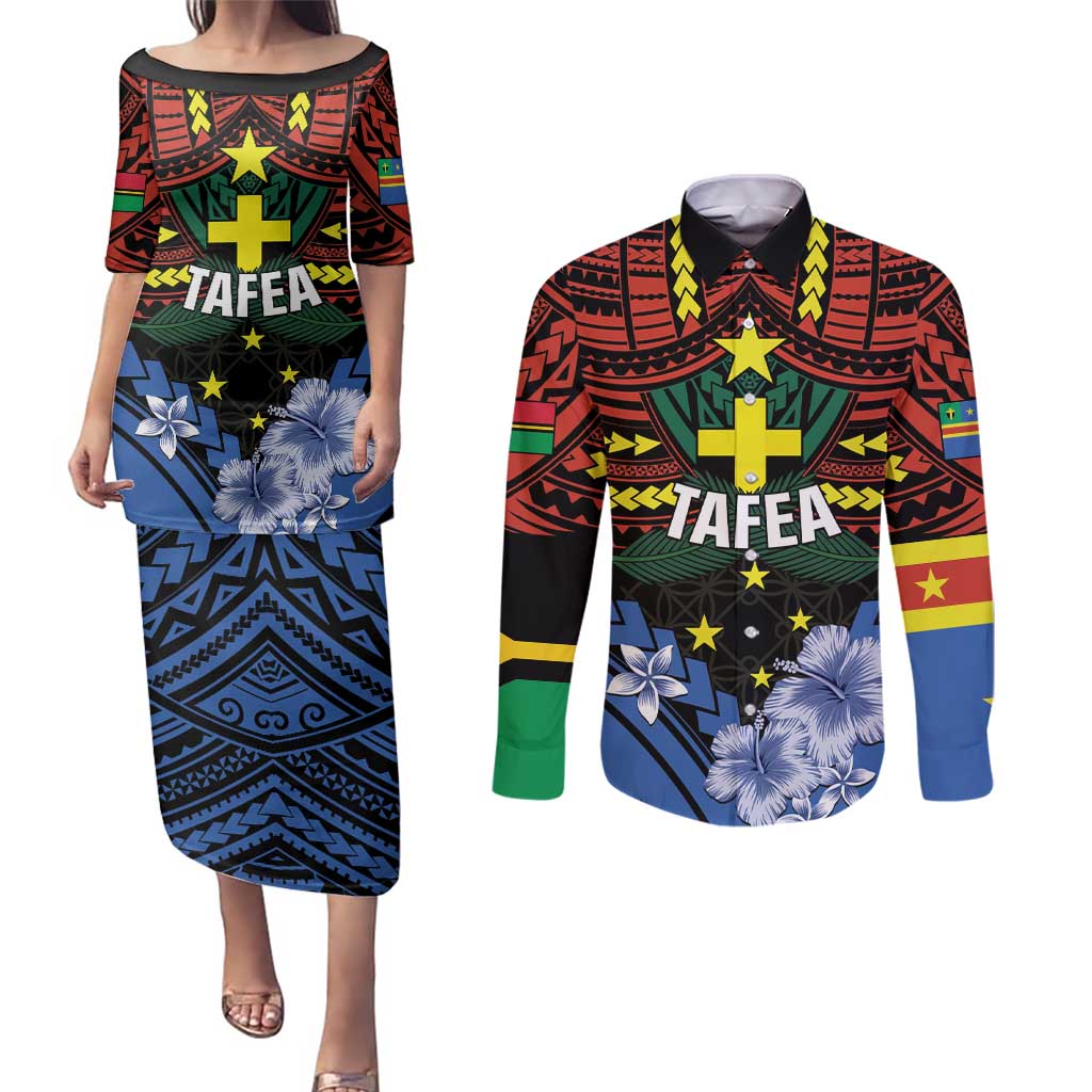 Personalised Vanuatu Tafea Province Couples Matching Puletasi and Long Sleeve Button Shirt Unique Tropical Tribal Pattern