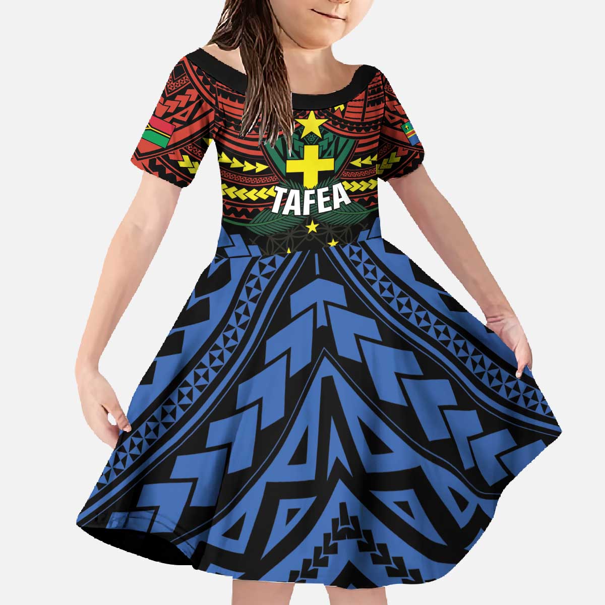 Personalised Vanuatu Tafea Province Family Matching Off The Shoulder Long Sleeve Dress and Hawaiian Shirt Unique Tropical Tribal Pattern LT01 Daughter's Dress Colorful - Polynesian Pride