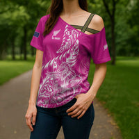 Custom New Zealand Rugby Silver Fern Cross Shoulder Shirt Aotearoa Kiwi Maori Pink Version - Polynesian Pride