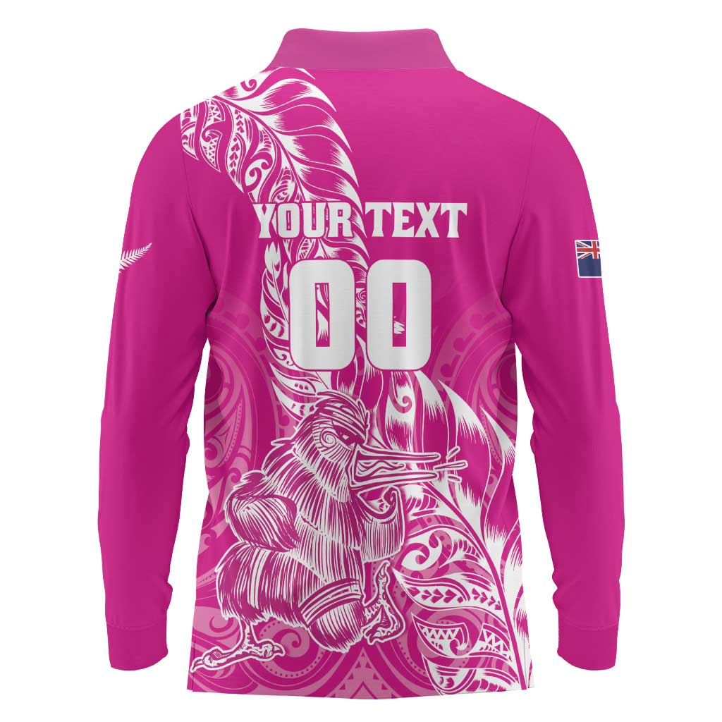 Custom New Zealand Rugby Silver Fern Long Sleeve Polo Shirt Aotearoa Kiwi Maori Pink Version - Polynesian Pride