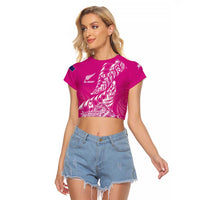 Custom New Zealand Rugby Silver Fern Raglan Cropped T Shirt Aotearoa Kiwi Maori Pink Version - Polynesian Pride