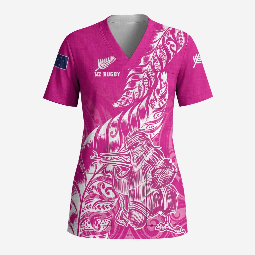 Custom New Zealand Rugby Silver Fern Scrub Top Aotearoa Kiwi Maori Pink Version - Polynesian Pride