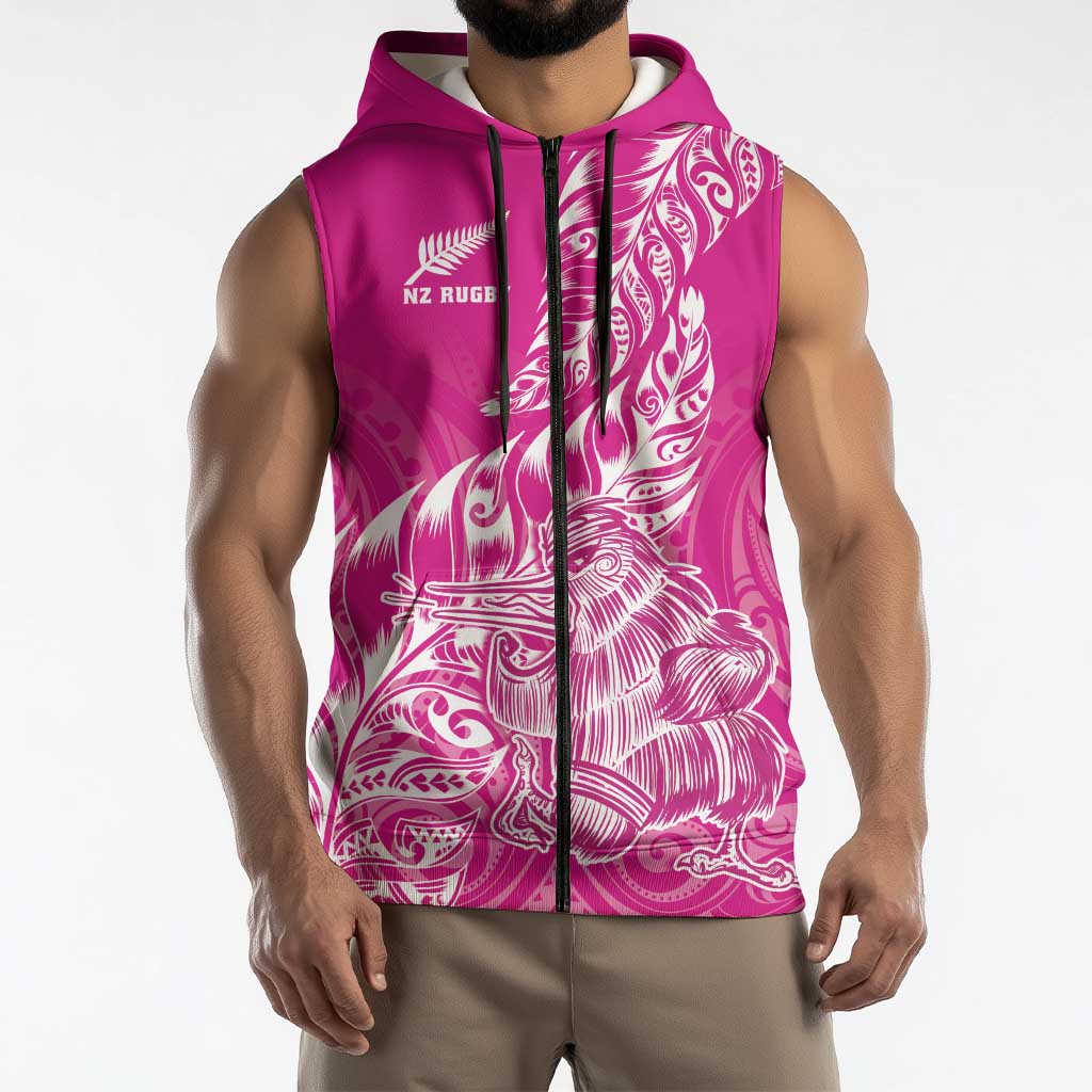 Custom New Zealand Rugby Silver Fern Sleeveless Zip Hoodie Aotearoa Kiwi Maori Pink Version LT01 - Polynesian Pride
