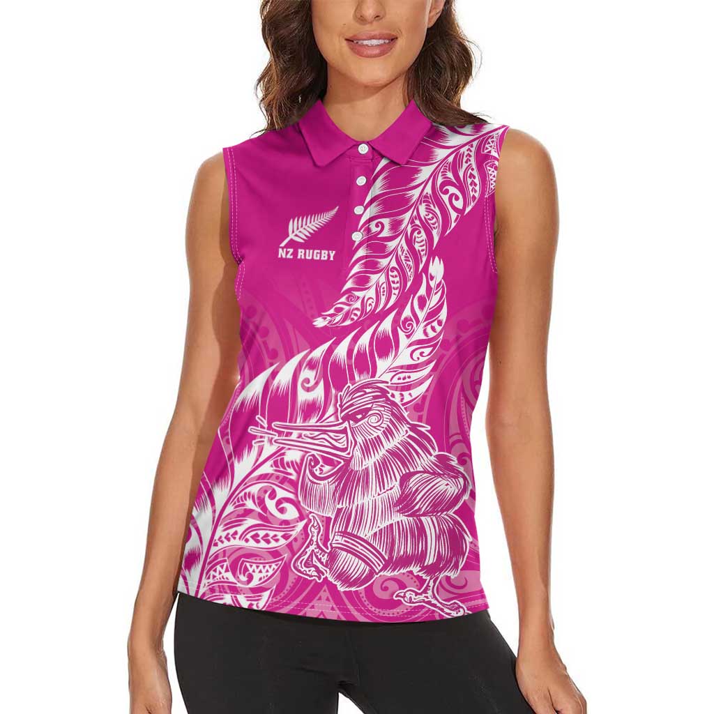 Custom New Zealand Rugby Silver Fern Women Sleeveless Polo Shirt Aotearoa Kiwi Maori Pink Version LT01 - Polynesian Pride