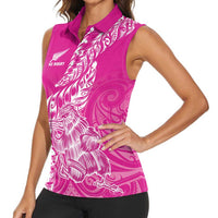Custom New Zealand Rugby Silver Fern Women Sleeveless Polo Shirt Aotearoa Kiwi Maori Pink Version LT01 - Polynesian Pride