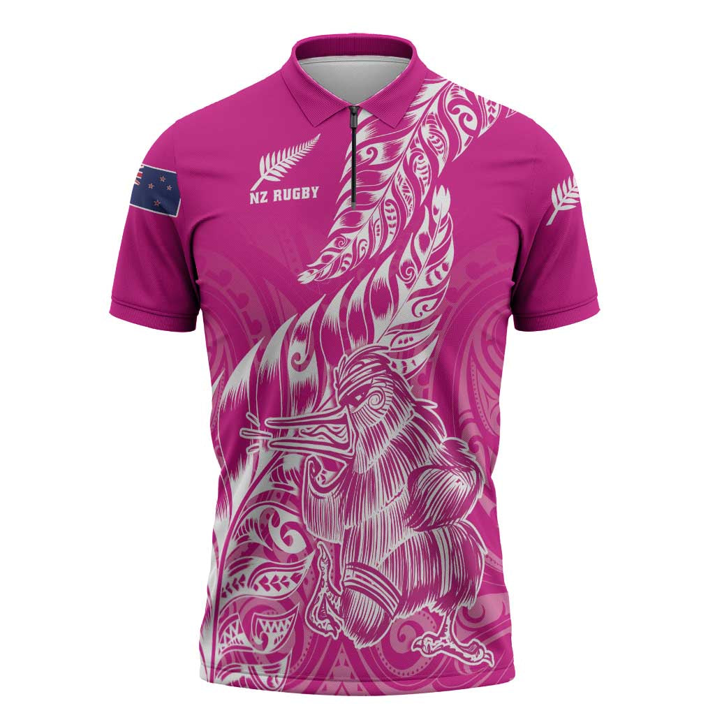 Custom New Zealand Rugby Silver Fern Zipper Polo Shirt Aotearoa Kiwi Maori Pink Version LT01 Pink - Polynesian Pride