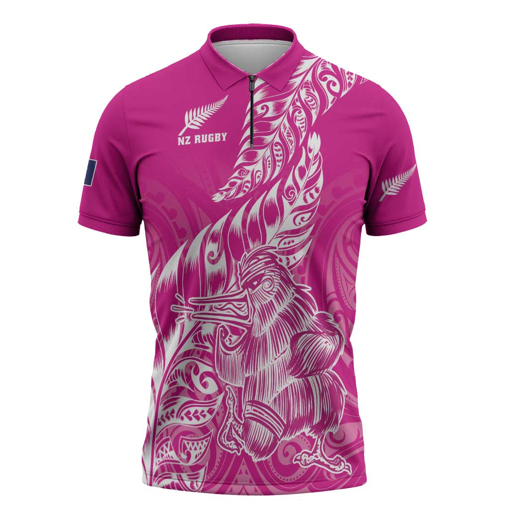 Custom New Zealand Rugby Silver Fern Zipper Polo Shirt Aotearoa Kiwi Maori Pink Version - Polynesian Pride