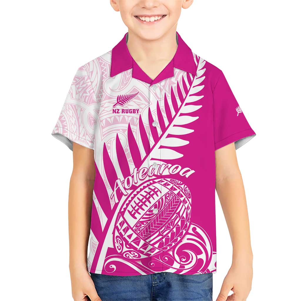 Custom New Zealand Rugby Silver Fern Kid Hawaiian Shirt Aotearoa Maori Pink Version - Polynesian Pride