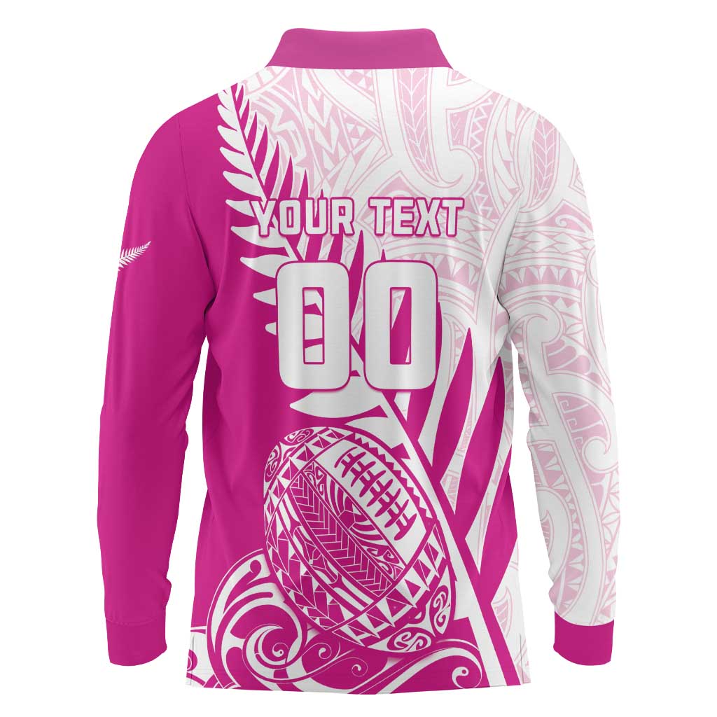 Custom New Zealand Rugby Silver Fern Long Sleeve Polo Shirt Aotearoa Maori Pink Version - Polynesian Pride